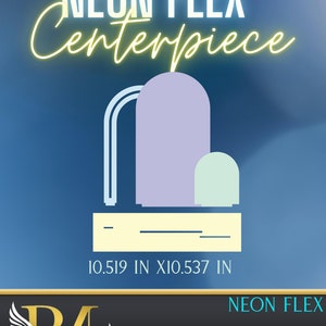 May include: Neon Flex Centerpiece digital file download. The design features a light purple, light green, and white abstract shape with a light yellow base. The dimensions are 10.519 inches by 10.537 inches.