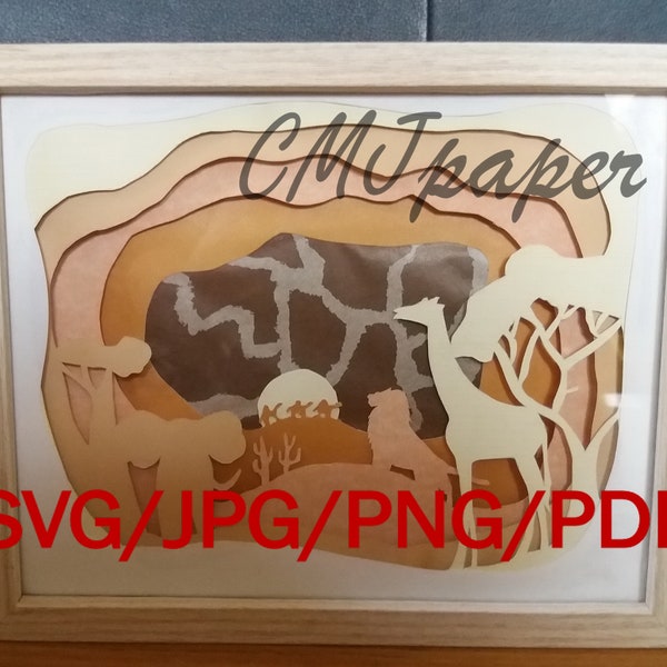 lightbox savane – A réaliser vous-même ! tableau savane en papier/éléphant/lion, Animal en relief, DIY, Paper-crafting,Template, Décoration