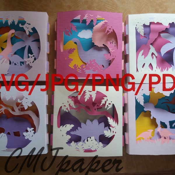 SET of 6 POP-up Tunnel CARDS – To be made yourself! dinosaur map in paper, in relief, Paper-crafting, Template, Lightbox decoration