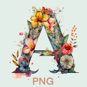 Watercolor flower letter A png clipart, botanical letter A, witch png alphabet clipart, boho style clipart, t-shirt print, colorful
