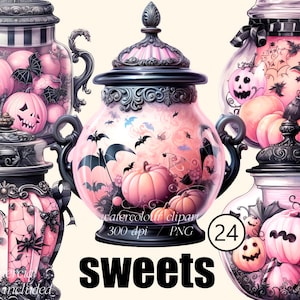 Halloween Süßigkeiten, Bonbonglas, Dessert Menü Clipart, Aquarell png, Zombie Club, Halloween Kuchen Illustration Set, Aufkleber, Scrapbook