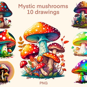 Neon mushrooms clipart Watercolor png, Mystic Mushrooms clipart, occult illustration set, stickers, Scrapbook, Junk Journal, Paper Crafts