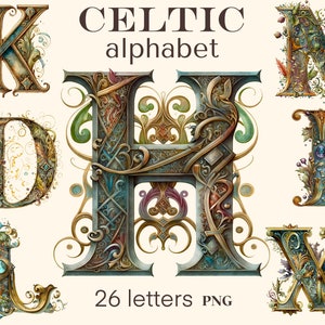 Alfabeto celtico acquerello png, 26 lettere floreali clipart, stampa digitale, set di illustrazioni, adesivi, album, diario spazzatura, artigianato di carta