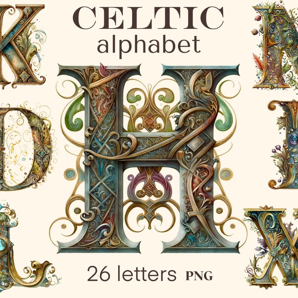 Alphabet celtique aquarelle png, 26 lettres florales clipart, impression numérique, ensemble d'illustrations, autocollants, Scrapbook, Junk Journal, Paper Crafts