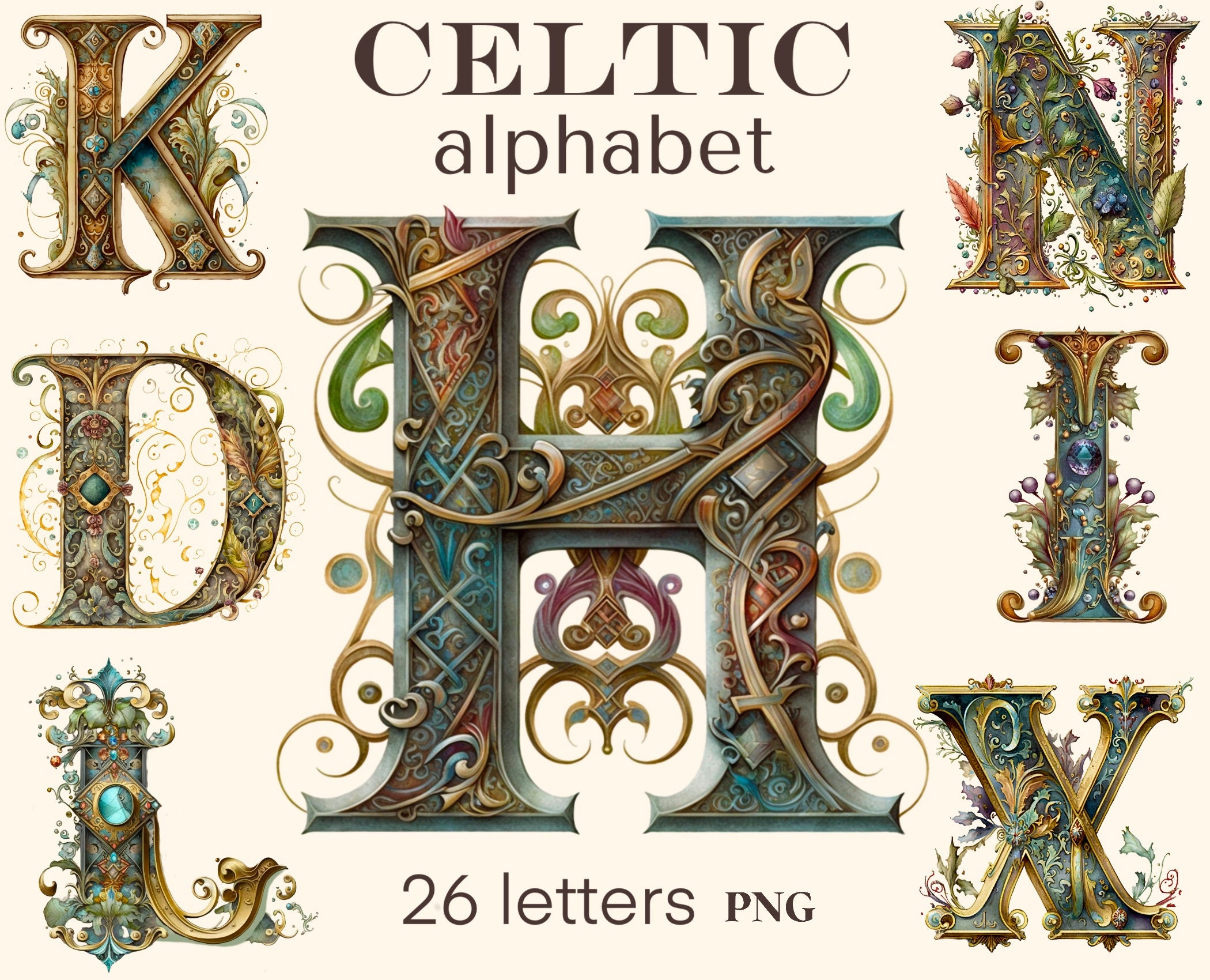 Celtic Alphabet Watercolor png, 26 floral letters clipart, digital print, illustration set, stickers, Scrapbook, Junk Journal, Paper Crafts