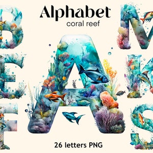 Alfabeto recife de coral, oceano, mundo subaquático aquarela png, 26 letras florais, clipart de quarto de bebê, impressão digital, conjunto de ilustrações, adesivos