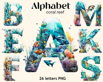 Alphabet coral reef, Ocean, underwater world Watercolor png, 26 floral letters, Baby room clipart, digital print, illustration set, stickers