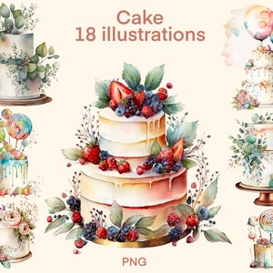 Cake clipart Watercolor png, A wedding cake digital print, illustration set, stickers, Scrapbook, Junk Journal, Paper Crafts