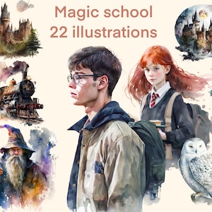 Dark Academia clipart Watercolor png, Wizard academy digital print, illustration set, stickers, Scrapbook, Junk Journal, Paper Crafts