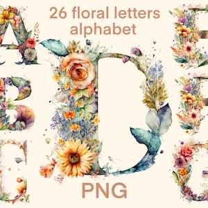 Alfabeto acquerello png, 26 lettere floreali clipart, stampa digitale, set di illustrazioni, adesivi, album, diario spazzatura, artigianato di carta