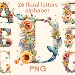 Alphabet Watercolor png, 26 floral letters clipart, digital print, illustration set, stickers, Scrapbook, Junk Journal, Paper Crafts