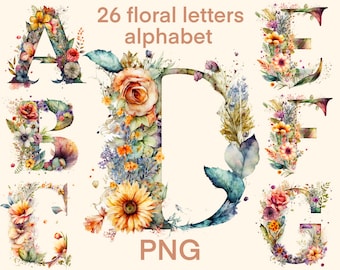 Alphabet Watercolor png, 26 floral letters clipart, digital print, illustration set, stickers, Scrapbook, Junk Journal, Paper Crafts