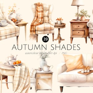 Autumn furniture set Watercolor clipart png, Fall armchair, sofa with blanket, bouquet Commercial use, orange, autumn leaves,