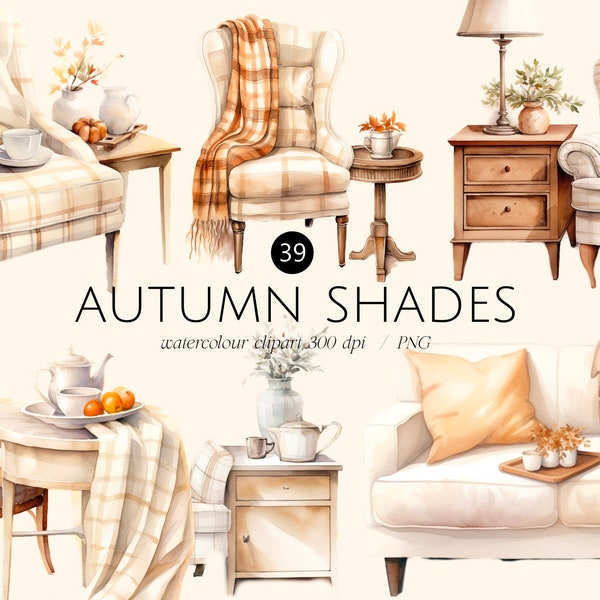 Autumn furniture set Watercolor clipart png, Fall armchair, sofa with blanket, bouquet Commercial use, orange, autumn leaves,