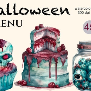 Halloween Dessert Menü Clipart, Aquarell png, Zombie Club, Halloween Kuchen Illustration Set, Aufkleber, Scrapbook, Junk Journal