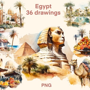 Egypt Watercolor clipart, Sphinx and pyramids digital print, illustration set, stickers, Scrapbook, Junk Journal, Paper Crafts