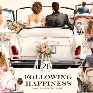 Hochzeit Auto Clipart Aquarell, Flitterwochen Digitaldruck, Braut und Bräutigam Hochzeit Illustration, Junk Journal