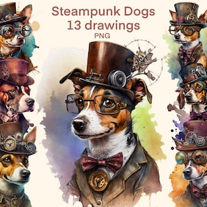 Steampunk dogs clipart Watercolor  png, digital print, illustration set, stickers, Scrapbook, Junk Journal, Paper Crafts