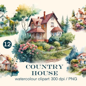 Landhaus Clipart Aquarell, Digitaldruck, Illustrationsset, Aufkleber, Scrapbook, Junk Journal, Paper Crafts
