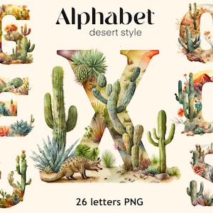 Alphabet desert style  Watercolor png, 26 floral letters, Baby room clipart, digital print, illustration set, stickers, Scrapbook