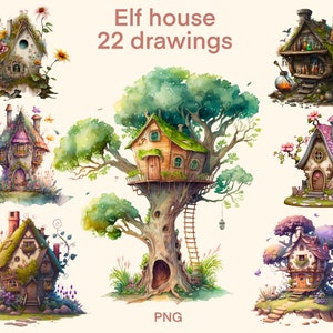 Casa degli elfi, una casa su un albero clipart Acquerello, stampa digitale della casa delle fate, set di illustrazioni, adesivi, album di ritagli, diario spazzatura, carta