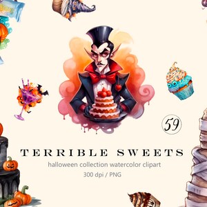 Halloween Terrible Süßigkeiten, Dessert Menü Clipart Aquarell Png, Halloween Kuchen Illustration Set, Aufkleber, Scrapbook, Junk Journal