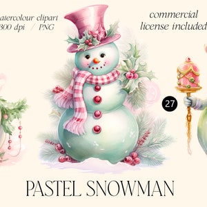 Pastel snowman watercolour clipart, Christmas, New Year Collection digital, illustration set, Santa Scrapbook, winter holidays Junk Journal