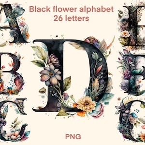 Fiore nero alfabeto acquerello png, 26 lettere floreali clipart, stampa digitale, set di illustrazioni, adesivi, album, diario spazzatura, carta