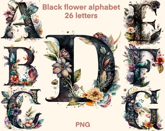 Black flower Alphabet Watercolor png, 26 floral letters clipart, digital print, illustration set, stickers, Scrapbook, Junk Journal, Paper