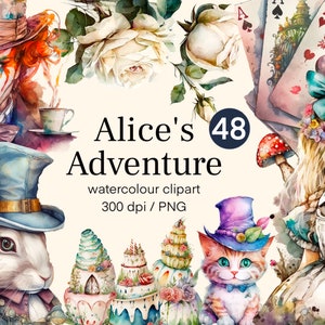Alice’s adventure clipart Watercolor, Alice fairytale hero digital print, queen of hearts illustration set, stickers, Scrapbook, Junk Journa