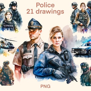 Polizei Clipart Aquarell, Illustrationsset, Aufkleber, Scrapbook, Junk Journal, Papierhandwerk