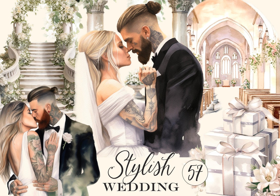 Stylish Wedding, Bride and Groom Clipart Watercolor, Man With Tattoos