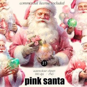 Pink Santa Claus watercolour clipart, Merry Christmas Collection digital print, illustration set, New Year, holiday, winter, snowman