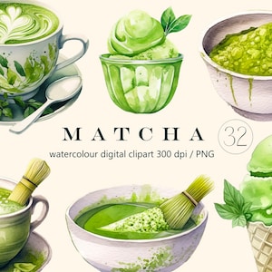 Matcha grüner Tee Aquarell Clipart png , Menü für das Restaurant, Dessert, Cappuccino, Eis, Digitaldruck, Illustrationsset, Scrapbook