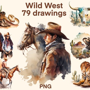 Wild West clipart Watercolor, Cowboy on a horse illustration set, Cowboy hat stickers, Cowboy boots Scrapbook, Junk Journal, Paper Crafts