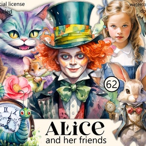 Alice et ses amis, clipart Les aventures d'Alice, aquarelle, impression numérique de héros de conte de fées d'Alice, ensemble d'illustrations de la reine de coeur, album