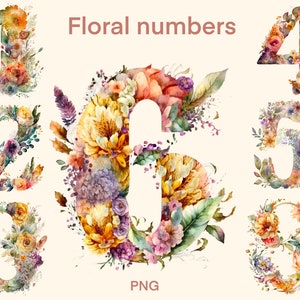 Floral numbers Watercolor clipart, digital print, illustration set, stickers, Scrapbook, Junk Journal, Paper Crafts