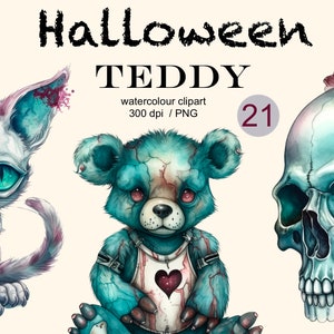 Halloween Zombie Teddy Clipart Aquarell png, Club, Halloween Kuchen Illustration Set, Aufkleber, Scrapbook, Junk Journal