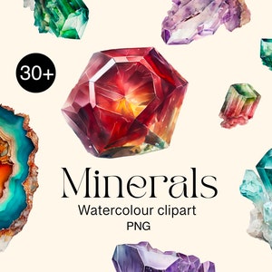 Minerals clipart Watercolor png, Gems, precious stones digital print, Crystal illustration set, stickers, Scrapbook, Junk Journal, Paper