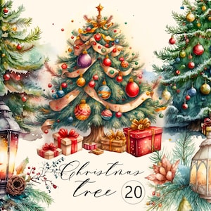 Christmas tree, watercolour clipart, New Year Collection digital print, winter illustration, Scrapbook, Santa, Snowman Paper Crafts