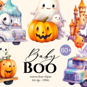 Halloween, cute baby ghost, kawaii ghost clipart Watercolor png, pumpkins, Horror, Trick or treat  illustration set, stickers, Scrapbook