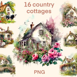 Landhaus Clipart Aquarell, Digitaldruck, Illustrationsset, Aufkleber, Scrapbook, Junk Journal, Papierhandwerk