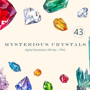 Mysterious Crystals clipart Watercolor png, Gems, precious stones digital print, Mineral illustration set, stickers, Scrapbook, Junk Journal