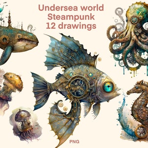 Steampunk Undersea World clipart Watercolor  png, digital print, illustration set, stickers, Scrapbook, Junk Journal, Paper Crafts