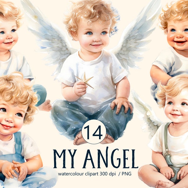 Baby boy, angel watercolor clipart, newborn children PNG, Boy, Girl nursery decor, baby toys, baby shower, baby clothes, book, illustration