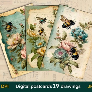 Cartões digitais de abelhas, cartões de diário, impressão de cartões postais vintage, papel digital, download digital, folha de colagem, efêmeras de diário de lixo