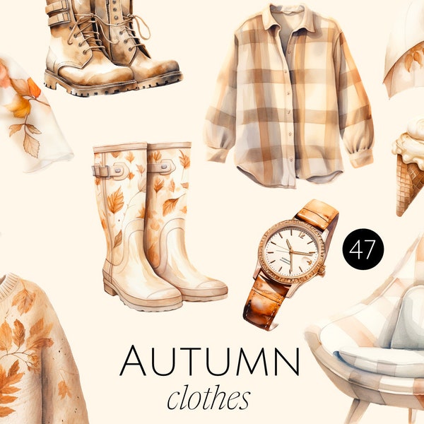 Autumn clothes Watercolor clipart png, autumn boots, umbrella, rubber boots, bouquet Commercial use, orange, autumn leaves,