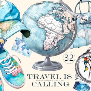 Travel, Summer travel Clipart Watercolor sublimation download, Vacation, traveler's luggage, digital print, illustration, Scrapbook, Journal