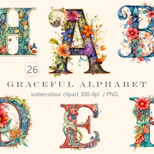 Alfabeto elegante en acuarela png, 26 letras florales clipart, impresión digital, conjunto de ilustraciones, pegatinas, álbum de recortes, diario basura, papel