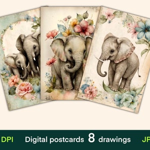 Cartões digitais de elefante, cartões de diário, impressão de cartões postais vintage, papel digital, download digital, folha de colagem, efêmeras de diário de lixo
